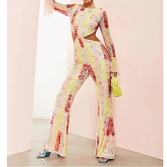 Asos Luxe Rainbow Embellished Cut Out Jumpsuit One-Piece Cocktail S US-6 267521